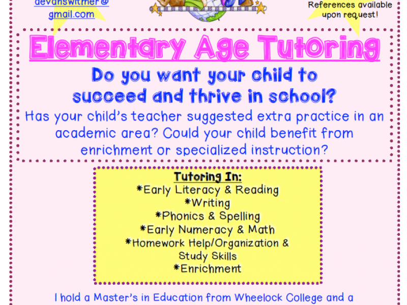 Elementary Age Reading, Writing, Math Tutor | Dedham, MA Patch